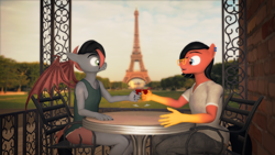 Size: 3840x2160 | Tagged: safe, artist:willitfit, part of a set, oc, oc:benjamin terrance tover, oc:tristan sev, anthro, 3d, alcohol, benny and tristan's magical adventure, eiffel tower, glass, high res, male, paris, toasting, wine, wine glass
