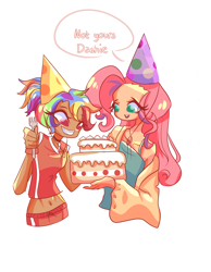 Size: 2722x3500 | Tagged: safe, artist:windywendy29, fluttershy, rainbow dash, human, g4, alternate hairstyle, belly button, birthday, birthday cake, cake, choker, clothes, coat, dark skin, duo, female, food, fork, gift art, grin, hat, high res, humanized, lesbian, midriff, open mouth, party hat, ship:flutterdash, shipping, shorts, simple background, smiling, sports shorts, tank top, white background