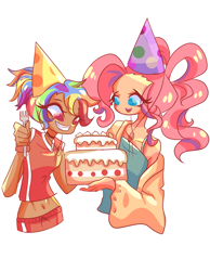 Size: 2333x3000 | Tagged: safe, artist:windywendy29, pinkie pie, rainbow dash, human, g4, alternate hairstyle, belly button, birthday, birthday cake, cake, choker, clothes, coat, dark skin, duo, female, food, fork, gift art, grin, hat, high res, humanized, lesbian, midriff, open mouth, party hat, ship:pinkiedash, shipping, shorts, simple background, smiling, sports shorts, tank top, white background