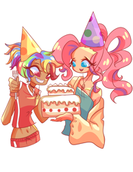 Size: 2333x3000 | Tagged: safe, artist:windywendy29, pinkie pie, rainbow dash, human, g4, alternate hairstyle, belly button, birthday, birthday cake, cake, choker, chokerdash, clothes, coat, dark skin, duo, female, food, fork, gift art, grin, hat, high res, humanized, lesbian, midriff, open mouth, party hat, ship:pinkiedash, shipping, shorts, simple background, smiling, sports shorts, tank top, white background