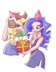 Size: 2333x3000 | Tagged: safe, artist:windywendy29, applejack, rarity, human, g4, alternate hairstyle, applejack's hat, belly button, birthday, birthday cake, birthday present, box, breasts, cake, cider, cider mug, clothes, cowboy hat, dress, duo, female, food, gift art, grin, hat, high res, humanized, jewelry, lesbian, mug, necklace, party hat, present, ship:rarijack, shipping, shirt, sideboob, simple background, skirt, smiling, white background