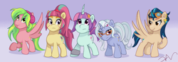 Size: 3737x1313 | Tagged: safe, artist:swasfews, indigo zap, lemon zest, sour sweet, sugarcoat, sunny flare, earth pony, pegasus, pony, unicorn, g4, earth pony sour sweet, equestria girls ponified, female, gradient background, group, lavender background, mare, pegasus indigo zap, pegasus lemon zest, ponified, quintet, simple background, unicorn sugarcoat, unicorn sunny flare