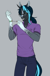 Size: 552x839 | Tagged: safe, artist:askbubblelee, oc, oc only, oc:garrett flint, unicorn, anthro, unguligrade anthro, anthro oc, clothes, digital art, gadget, horn, male, pants, shirt, simple background, smiling, solo, stallion, unicorn oc