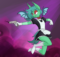 Size: 2220x2130 | Tagged: safe, artist:moonatik, oc, oc only, oc:carte blanche, bat pony, anthro, unguligrade anthro, abstract background, anthro oc, apron, bat pony oc, bowtie, clothes, coat markings, eyeshadow, gloves, gun, handgun, high res, m1911, maid, makeup, male, ponytail, skirt, smoke, socks, socks (coat markings), solo, stallion