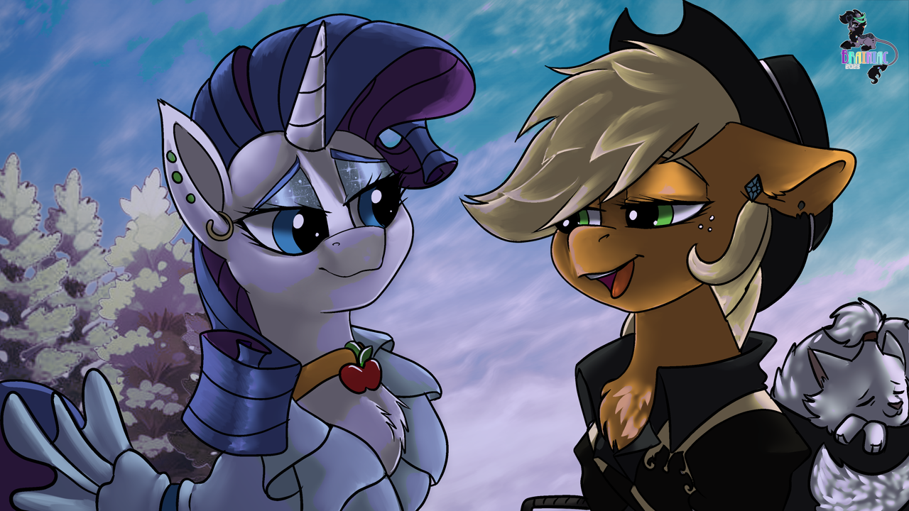 [applejack,earring,earth pony,female,jewelry,lesbian,mare,opalescence,piercing,pony,rarijack,rarity,safe,shipping,unicorn,looking at each other,ear piercing,artist:brainiac,looking at someone]