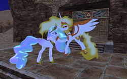 Size: 1920x1200 | Tagged: safe, artist:puzzlshield2, daybreaker, princess celestia, alicorn, pony, a royal problem, g4, 3d, armor, crown, ethereal mane, female, flying, hoof shoes, hoof under chin, jewelry, mane of fire, mare, mmd, peytral, recreation, regalia, the legend of zelda