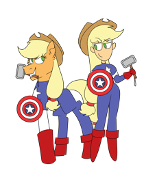 Size: 1100x1200 | Tagged: safe, artist:fuckomcfuck, artist:icicle-niceicle-1517, color edit, edit, applejack, earth pony, human, pony, equestria girls, g4, applejack's hat, boots, captain america, clothes, collaboration, colored, cosplay, costume, cowboy hat, crossover, duality, duo, female, gloves, grin, hammer, hat, hoof hold, human ponidox, looking at each other, looking at someone, mare, marvel, mjölnir, mouth hold, raised hoof, self paradox, self ponidox, shield, shoes, simple background, smiling, smirk, steve rogers, superhero, transparent background, war hammer