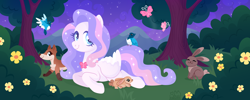 Size: 1920x768 | Tagged: safe, artist:kabuvee, oc, oc only, bird, fox, pegasus, pony, rabbit, animal, bush, female, lying down, mare, night, prone, solo, stars, tree