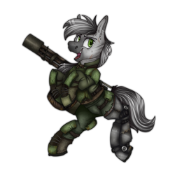 Size: 2300x2300 | Tagged: safe, artist:molars, oc, oc only, zebra, ashes town, fallout equestria, amputee, armor, dynamic pose, female, full body, gun, high res, mare, minigun, open mouth, prosthetic limb, prosthetics, shading, simple background, smiling, solo, transparent background, weapon