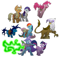 Size: 1880x1753 | Tagged: safe, artist:unoservix, applejack, fluttershy, gilda, pinkie pie, rainbow dash, rarity, spike, trixie, twilight sparkle, oc, oc:whiplash, dragon, earth pony, griffon, pegasus, pony, unicorn, g4, bag, behaving like a weapon, cowering, dragonfire, female, fire breath, flamethrower, flamethrower spike, floppy ears, male, mane seven, mane six, mare, pronking, saddle bag, simple background, transparent background, unicorn twilight