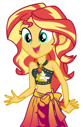 Size: 6571x10080 | Tagged: safe, artist:andoanimalia, sunset shimmer, human, equestria girls, g4, my little pony equestria girls: better together, x marks the spot, belly button, bikini, bikini top, clothes, cutie mark on clothes, geode of empathy, jewelry, magical geodes, midriff, necklace, open mouth, open smile, sarong, simple background, skirt, smiling, solo, sunset shimmer swimsuit, swimsuit, transparent background, wrist cuff