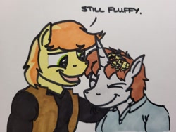 Size: 2048x1536 | Tagged: safe, artist:hoofclid, braeburn, oc, oc:hoofclid, earth pony, unicorn, anthro, g4, canon x oc, dialogue, eyes closed, gay, head pat, male, pat, shipping, smiling, traditional art