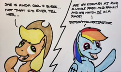 Size: 2048x1223 | Tagged: safe, artist:hoofclid, applejack, rainbow dash, earth pony, pegasus, pony, g4, description is relevant, dialogue, duo, female, lesbian, mare, ship:appledash, shipping, smiling, talking to viewer, traditional art