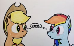 Size: 2048x1289 | Tagged: safe, artist:hoofclid, applejack, rainbow dash, earth pony, pegasus, pony, g4, blushing, duo, embarrassed, female, lesbian, looking at each other, looking at someone, mare, ship:appledash, shipping, thought bubble, traditional art