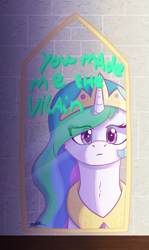 Size: 1899x3180 | Tagged: safe, artist:morrigun, derpibooru exclusive, princess celestia, alicorn, pony, g4, crown, eye clipping through hair, eyes open, female, high res, horn, jewelry, mare, mirror, peytral, reflection, regalia, signature, solo, text