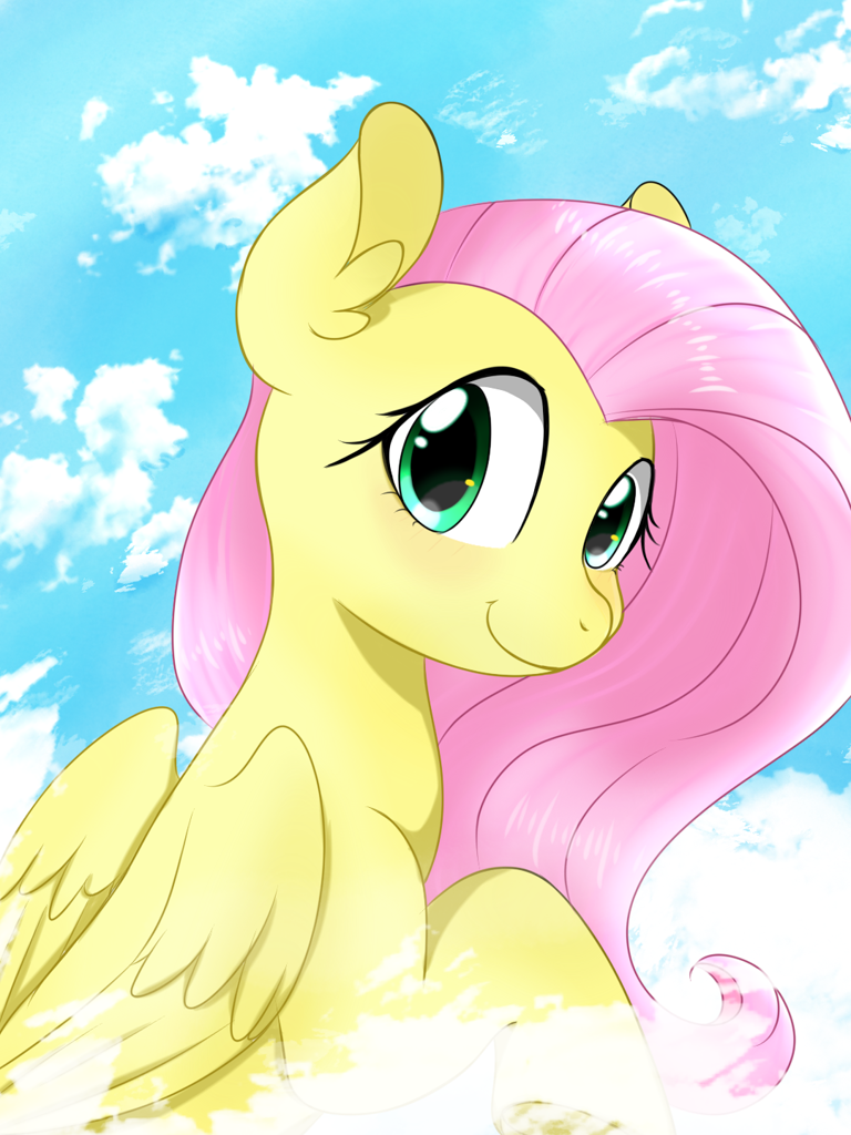 [beautiful,cloud,cute,fluttershy,happy,looking at you,looking back,pegasus,pony,safe,sitting,sky,solo,on a cloud,shyabetes,red face,looking back at you,smiling,smiling at you,sitting on a cloud,artist:twiliset]