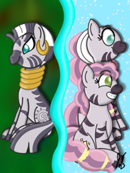 Size: 1620x2160 | Tagged: safe, artist:jesslmc16, mariama, skye, zecora, zebra, g4, g5, black and white, braces, duo focus, ear piercing, earring, female, filly, foal, gold, grayscale, idk, jewelry, mare, monochrome, mother and child, mother and daughter, piercing, sitting, smiling, sparkles, stripes, trio, two sides