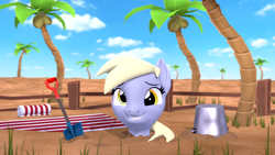 Size: 3840x2160 | Tagged: safe, artist:owlpirate, derpy hooves, pegasus, pony, g4, 3d, 4k, beach, bucket, buried, grin, high res, looking at you, palm tree, sand, smiling, smiling at you, solo, source filmmaker, tree, trowel