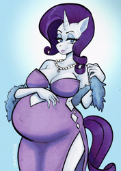Size: 1170x1650 | Tagged: safe, artist:xmomokosx, rarity, unicorn, anthro, g4, belly button, breasts, busty rarity, clothes, dress, female, hand on belly, jewelry, looking at you, necklace, outie belly button, preggity, pregnant, smiling, smiling at you