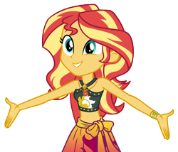 Size: 10920x9333 | Tagged: safe, artist:andoanimalia, sunset shimmer, human, equestria girls, g4, my little pony equestria girls: better together, x marks the spot, absurd resolution, armpits, arms spread out, bare shoulders, belly button, bikini, bikini top, clothes, cute, cutie mark on clothes, female, geode of empathy, grin, jewelry, magical geodes, necklace, sarong, simple background, skirt, sleeveless, smiling, solo, sunset shimmer swimsuit, swimsuit, teeth, transparent background, vector, wrist cuff