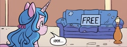 Size: 1334x500 | Tagged: safe, artist:abbystarling, artist:abigail starling, idw, izzy moonbow, pony, unicorn, g5, spoiler:comic, spoiler:g5comic, spoiler:g5comic15, couch, dialogue, female, free, hmm, lamp, mare, solo, speech bubble