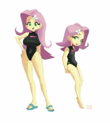 Size: 2531x2827 | Tagged: safe, artist:jagabee_salt, fluttershy, human, equestria girls, g4, barefoot, big breasts, breasts, busty fluttershy, clothes, feet, fluttershy's one-piece swimsuit, hand on hip, high res, looking at you, one-piece swimsuit, sandals, self paradox, simple background, smiling, smiling at you, swimsuit, white background, younger