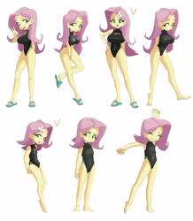 Size: 3568x4096 | Tagged: safe, artist:jagabee_salt, fluttershy, human, equestria girls, g4, barefoot, big breasts, breasts, busty fluttershy, clothes, feet, female, fluttershy's one-piece swimsuit, looking at you, one-piece swimsuit, open mouth, open smile, sandals, self paradox, simple background, smiling, smiling at you, stretching, swimsuit, white background, younger