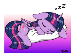 Size: 1720x1295 | Tagged: safe, artist:banquo0, twilight sparkle, alicorn, pony, g4, eyes closed, folded wings, gradient background, lying down, onomatopoeia, pillow, sleeping, solo, sound effects, sweet dreams fuel, twilight sparkle (alicorn), wings, zzz