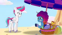 Size: 3072x1727 | Tagged: safe, screencap, misty brightdawn, zipp storm, pegasus, pony, unicorn, g5, hot day huh?, my little pony: tell your tale, spoiler:g5, spoiler:my little pony: tell your tale, spoiler:tyts01e57, beach, duo, duo female, female, grin, mare, rebirth misty, smiling