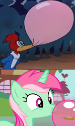 Size: 572x957 | Tagged: safe, edit, screencap, minty bubblegum, bird, pony, unicorn, woodpecker, g4, on your marks, season 6, 50s, blowing, bubblegum, comparison, cute, discovery family, discovery family logo, female, food, gum, logo, male, mare, ponyville, shitposting, that pony sure does love bubblegums, the great who-dood-it, walter lantz, woody woodpecker, woody woodpecker (series)