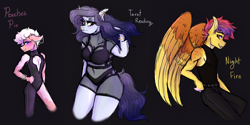 Size: 4000x2000 | Tagged: safe, artist:periwinklechick, oc, oc only, oc:night fire, oc:peaches à la mode, oc:tarot reading, earth pony, pegasus, unicorn, anthro, belly button, black background, breasts, cleavage, female, femboy, high res, looking at you, magical lesbian spawn, male, mare, offspring, parent:cheese sandwich, parent:inky rose, parent:lily lace, parent:moondancer, parent:pinkie pie, parent:spitfire, parents:cheesepie, parents:inky lace, simple background, stallion, trio