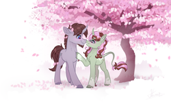 Size: 4000x2434 | Tagged: safe, artist:helmie-art, oc, oc:crafty code, oc:grasshopper pie, pony, unicorn, cherry blossoms, coat markings, duo, female, flower, flower blossom, height difference, hoof on chest, hooves, looking at each other, looking at someone, male, mare, nose to nose, outdoors, socks (coat markings), stallion, sternocleidomastoid, unshorn fetlocks