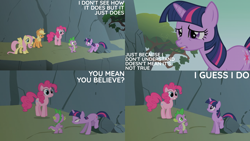 Size: 2000x1125 | Tagged: safe, edit, edited screencap, editor:quoterific, screencap, applejack, fluttershy, pinkie pie, spike, twilight sparkle, dragon, earth pony, pony, unicorn, feeling pinkie keen, g4, unicorn twilight