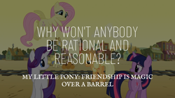 Size: 1920x1080 | Tagged: safe, edit, edited screencap, editor:quoterific, screencap, applejack, fluttershy, rarity, twilight sparkle, earth pony, pegasus, pony, unicorn, g4, over a barrel, appleloosa, background pony, confused, female, flying, frown, hay bale, male, mare, reaction image, sad, spread wings, stallion, train tracks, unicorn twilight, wings