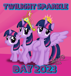 Size: 3737x4000 | Tagged: safe, artist:tidmouthmilk12, twilight sparkle, alicorn, pony, unicorn, g4, big crown thingy, crown, element of magic, female, filly, filly twilight sparkle, hoof on chest, jewelry, multeity, regalia, self paradox, self ponidox, signature, simple background, sparkle sparkle sparkle, spread wings, text, tiara, time paradox, triality, twilight sparkle (alicorn), unicorn twilight, wings, younger