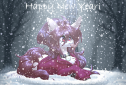 Size: 3400x2300 | Tagged: safe, artist:henori_artist, oc, oc only, oc:penta, earth pony, hybrid, original species, pony, bell, bell collar, big ears, chest fluff, clothes, collar, complex background, cute, femboy, freckles, happy, happy new year, high res, holiday, lantern, long mane, long tail, long tongue, makeup, male, night, park, piercing, snow, snowfall, solo, sweater, tail, tongue out, trade, tree, winter