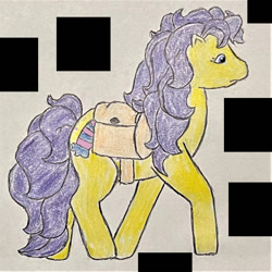 Size: 1083x1083 | Tagged: safe, artist:peacepetal, bon bon (g1), earth pony, pony, g1, my little pony tales, bag, cute, female, g1 adorabon, july fools, mare, messy mane, messy tail, pixel art, pixelated, r/place, r/place2023, reddit, saddle bag, show accurate, simple background, solo, tail, traditional art