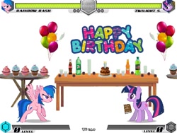 Size: 1080x810 | Tagged: safe, artist:tom artista, firefly, rainbow dash, twilight sparkle, pegasus, pony, unicorn, fighting is magic, g1, g4, balloon, cake, candle, candy, coke, crush orange, cupcake, duo, fan, fan game, female, food, game, happy birthday, mare, mountain dew, new, palette swap, party, recolor, room, soda, stage, unicorn twilight