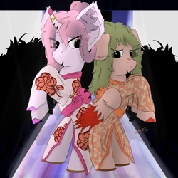 Size: 4000x4000 | Tagged: safe, artist:spiroudada, oc, oc:sugar snow, oc:violet crystal, pegasus, pony, unicorn, clothes, cute, dessin, dessindigital, dress, duo, fashion, female, originalcharactes, sister, yukatas