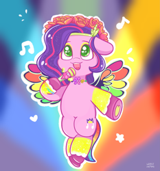 Size: 2009x2160 | Tagged: dead source, safe, artist:limitmj, pipp petals, pegasus, pony, g5, adorapipp, bridlewoodstock, cute, female, heart, heart eyes, high res, lights, mare, microphone, music notes, singing, solo, wingding eyes