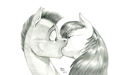 Size: 1500x893 | Tagged: safe, artist:baron engel, apple bloom, oc, oc:stone mane (baron engel), earth pony, pony, g4, colt, female, filly, foal, kiss on the lips, kissing, male, monochrome, pencil drawing, simple background, story included, straight, surprise kiss, surprised, traditional art, white background