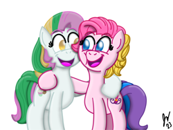 Size: 2160x1620 | Tagged: safe, artist:jesslmc16, coconut cream, toola roola, earth pony, pony, fame and misfortune, g4, best friends, digital art, duo, duo female, female, full body, grin, hug, hugging a pony, looking at each other, looking at someone, mare, signature, simple background, smiling, smiling at each other, squishy, squishy cheeks, white background