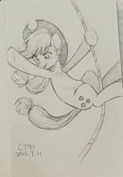Size: 2064x2985 | Tagged: safe, artist:ct51, applejack, earth pony, pony, g4, climbing, cowboy hat, female, grayscale, hat, high res, hoof hold, mare, monochrome, pencil drawing, ropes, sketch, smiling, solo, traditional art, waving