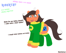 Size: 2064x1675 | Tagged: safe, artist:epsipeppower, oc, oc only, oc:robertapuddin, earth pony, pony, acne, braces, clothes, confused, cute, dungeons and dragons, freckles, glasses, lisp, messy mane, nerd, nerdberta, nerdification, pen and paper rpg, rpg, solo, sweater