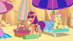 Size: 3072x1727 | Tagged: safe, screencap, posey bloom, strawberry blonde, sunny starscout, earth pony, pony, g5, hot day huh?, my little pony: tell your tale, spoiler:g5, spoiler:my little pony: tell your tale, spoiler:tyts01e57, beach, duo, duo female, female, grin, mane stripe sunny, mare, smiling, sunglasses