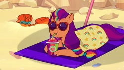 Size: 3072x1727 | Tagged: safe, screencap, sunny starscout, crab, earth pony, pony, g5, hot day huh?, my little pony: tell your tale, spoiler:g5, spoiler:my little pony: tell your tale, spoiler:tyts01e57, beach, drink, drinking, female, mane stripe sunny, mare, smoothie, solo, sunglasses