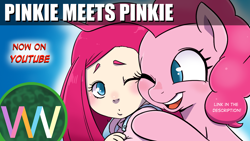 Size: 1920x1080 | Tagged: safe, artist:doublewbrothers, pinkie pie, earth pony, human, pony, g4, alternate hairstyle, child, humanized, younger, youtube thumbnail