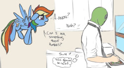 Size: 640x354 | Tagged: safe, artist:mostazathy, edit, rainbow dash, oc, oc:anon, human, pegasus, pony, g4, cropped, dialogue, duo, female, flying, indoors, male, mare, window