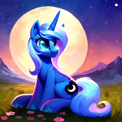 Size: 1024x1024 | Tagged: artist needed, safe, ai assisted, ai content, edit, editor:epsilonwolf, generator:purplesmart.ai, generator:stable diffusion, prompter:epsilonwolf, princess luna, pony, unicorn, g4, cute, female, freckles, grass, grass field, happy, horn, looking away, lunabetes, meadow, moon, mountain, night, outdoors, race swap, s1 luna, sitting, smiling, solo, unicorn luna, wingless