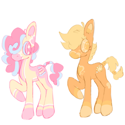 Size: 1000x1000 | Tagged: safe, artist:sugvr_alien, part of a set, applejack, pinkie pie, oc, oc:cotten cake, oc:ginger crisp, earth pony, pony, g4, alternate design, alternate name, alternate universe, duo, simple background, white background